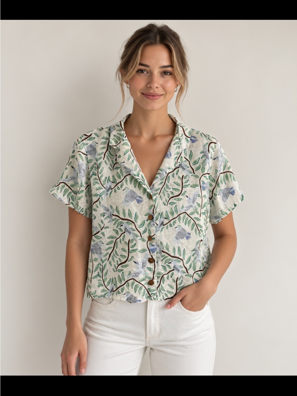 Cynthia Rowley Green Leaf Print Short-Sleeve Button Shirt